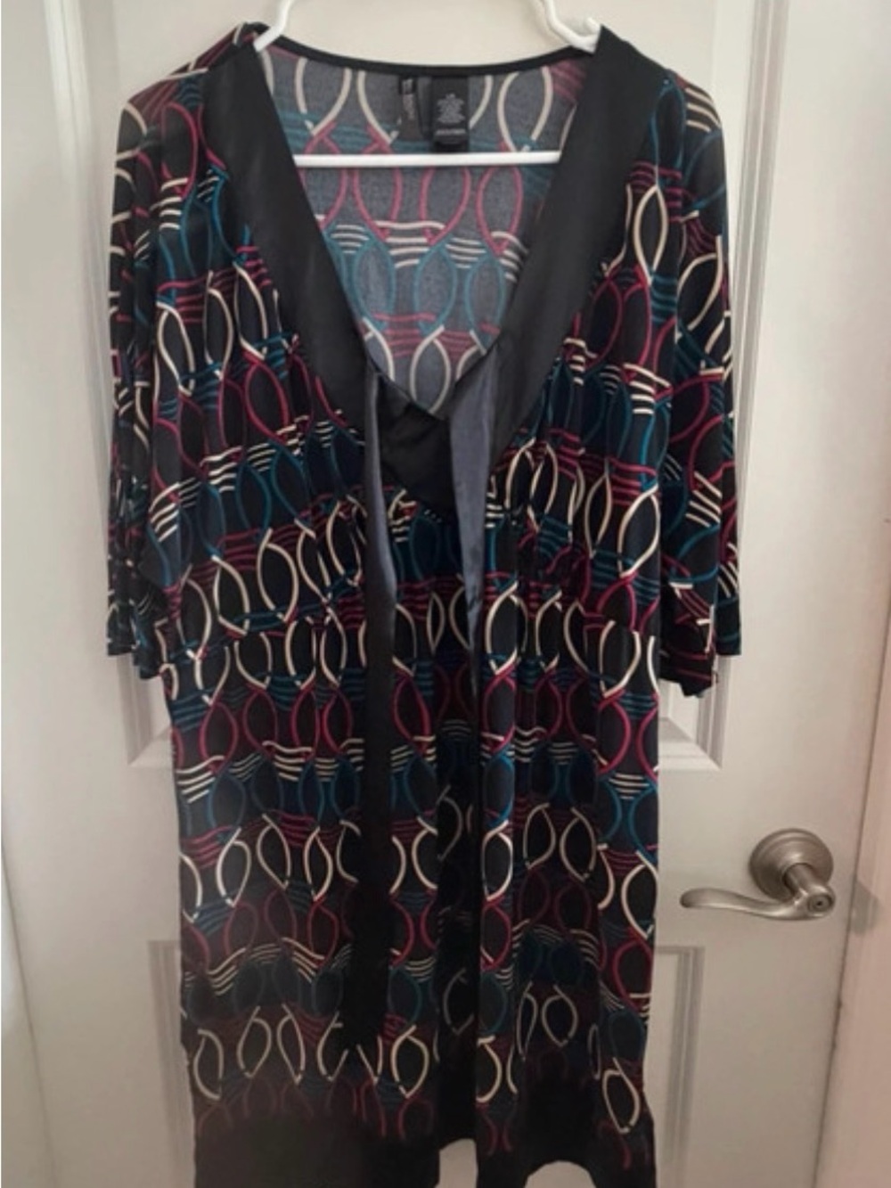 Bisou Bisou Black V-Neck Midi Dress with Multicolor Ring Print